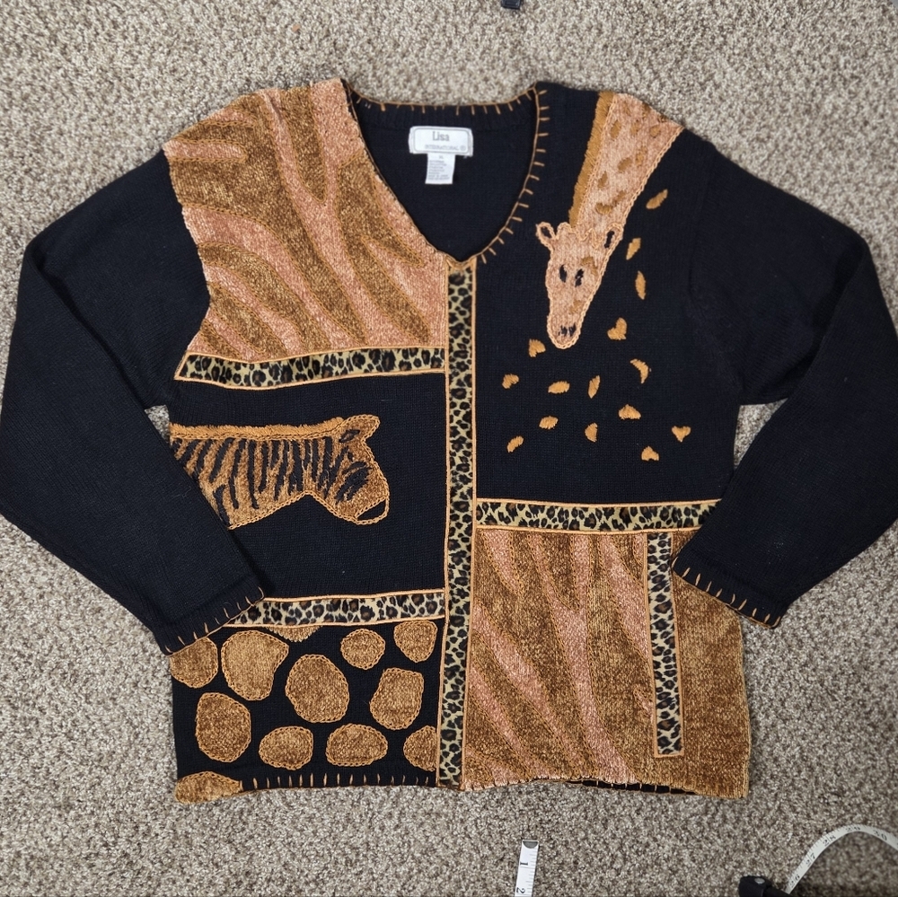 Vintage Lisa International Safari Jungle Africa Animal Print Sweater Women's XL - Picture 2 of 7